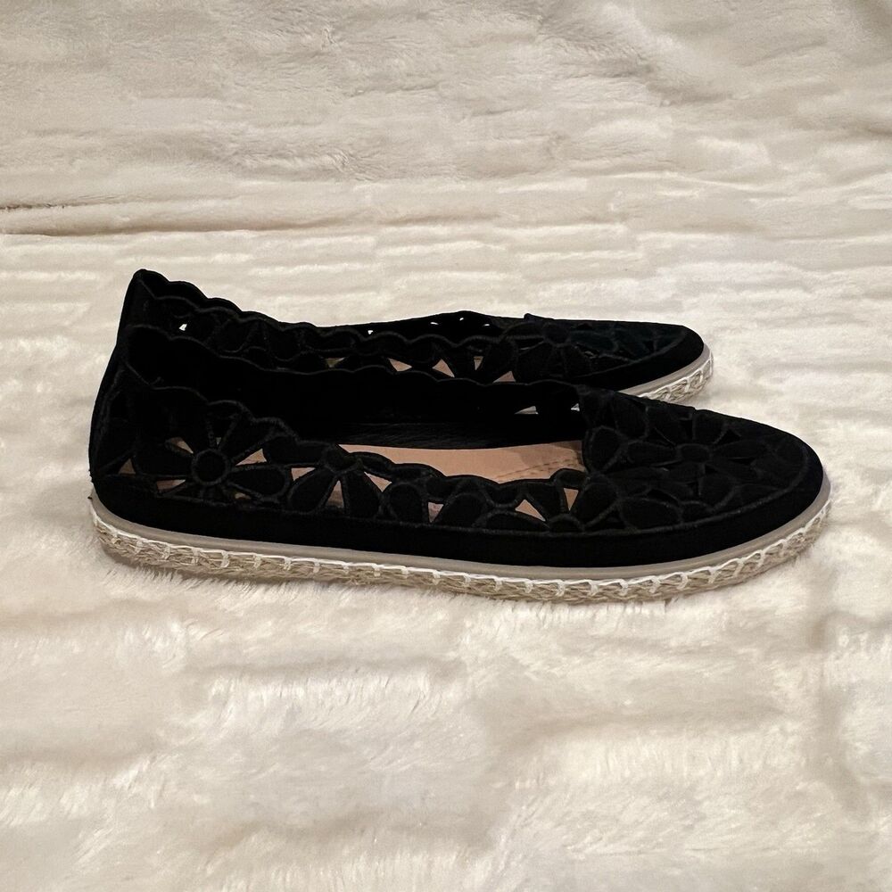 Women’s Black Floral Cutout Espadrille Flats Size 8 39 Slip On Boho